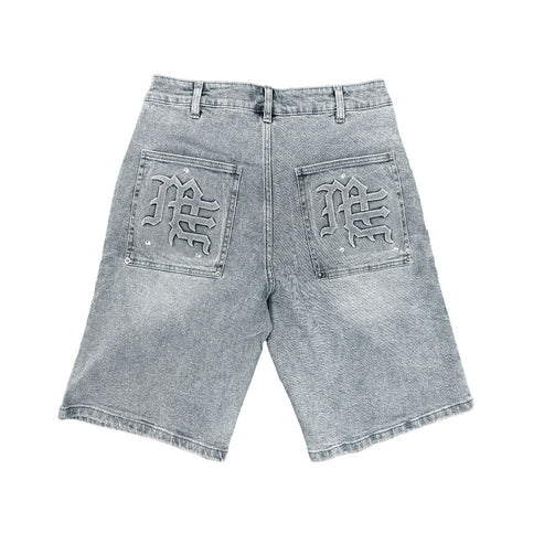 Mixed Emotion Shorts Denim Paisley Embossed Light Wash Streetwear Concept