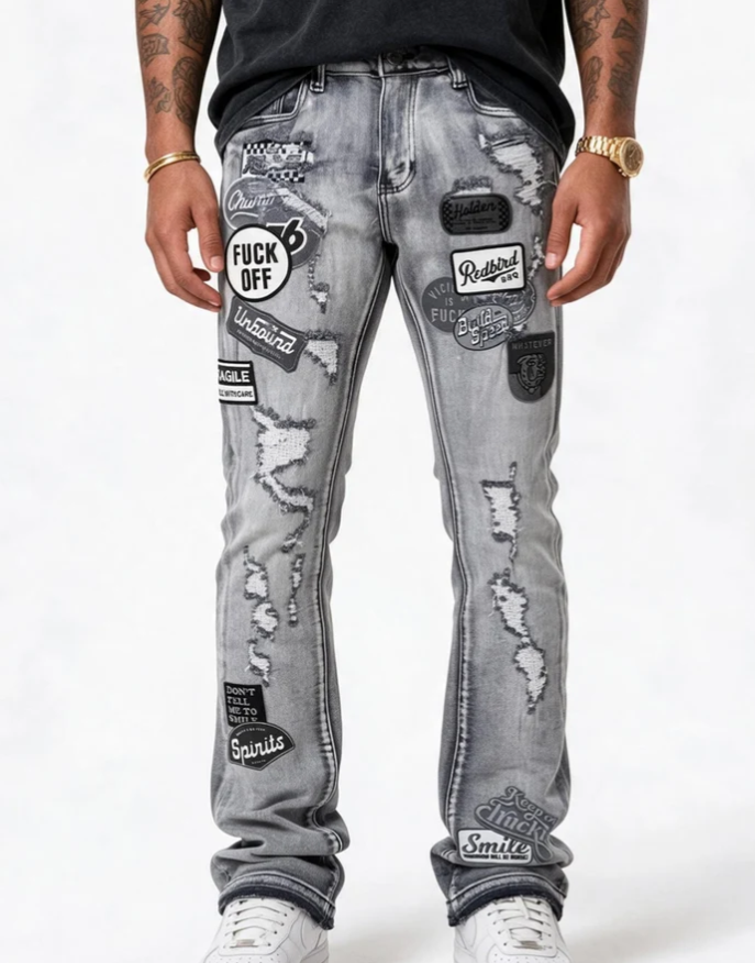 VC1022 PREMIUM DENIM/PATCHES ALL OVER JEANS