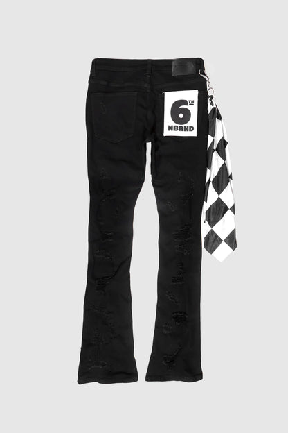 6THNBRHD Jeans Black Distressed Flare